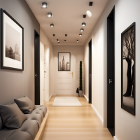 Hello! Please help me take a photo showing a modern hallway in a cozy apartment. The photo must be positioned horizontally. Thank you!