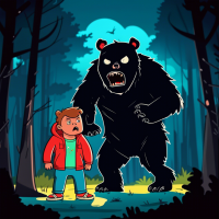 Two boys are standing in the middle of the forest at night, scared. Behind them stands a devil bear in comic style with cartoon graphics.