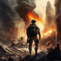The picture depicts a scene of combat in a ruined city engulfed in flames and smoke from explosions. In the foreground, the main character, a special forces soldier, is visible standing amidst the rubble, with a determined expression on his face, ready for battle. He holds a rifle in his hands and gazes into the distance, towards where the fighting is unfolding.  Surrounding the main character are other members of his squad, also prepared for battle. They stand in defensive positions, ready to repel enemy attacks. In the background, burning buildings, explosions, and blazing vehicles can be seen, creating a tense and dangerous atmosphere.  In the sky, helicopters and fighter jets can be depicted, supporting the attack from the air, as well as UN peacekeeping forces, trying to restore order and provide assistance to the affected.  In the background, the outlines of the city, which appears abandoned and devastated, can be depicted, as well as local residents fleeing danger, adding an element of humanitarian crisis to the scene.  Overall, the image should convey the tense atmosphere of a military conflict, emphasizing the heroism and determination of the main character and his team in the fight for peace and justice.