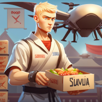 a pumped-up courier with a handsome face and blond short hair, of Slavic appearance puts in a box ready food in a container, on which is written samurai and next to stands and waits for a drone.