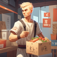 a pumped-up courier with a handsome face and blond short hair, of Slavic appearance puts in a box ready food in a container, on which is written samurai and next to stands and waits for a drone.