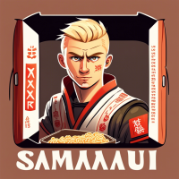 a pumped-up courier with a handsome face and short blond hair, of Slavic appearance, puts ready-made food in a box in a container on which it is written samurai. 