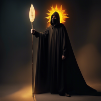 a man with a spear about two meters tall dressed in a dark cloak with a covering mask in the form of the sun