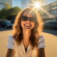 Generate me a photo of the Telegram Content Manager in a good mood. the photo is flooded with the rays of the sun. 