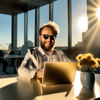 Generate me a photo of the Telegram Content Manager in a good mood. the photo is flooded with the rays of the sun. He is holding a phone in his hands, and in the background there is a laptop on the table.