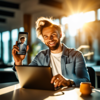 Generate me a photo of the Telegram Content Manager in a good mood. the photo is flooded with the rays of the sun. He is holding a phone in his hands, and in the background there is a laptop on the table. Female