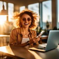 Generate me a photo of the Telegram content manager's girlfriend in a good mood. the photo is flooded with rays of the sun. She is holding a phone in her hands, and there is a laptop on the table in the background.
