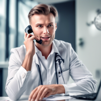 A young good-natured sales manager at a medical center sitting at a table of European appearance talking on the phone details of the hands of the face and in general the picture is realistic and accurate