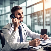 A young good-natured sales manager at a medical center sitting at a table of European appearance talking on the phone details of the hands of the face and in general the picture is realistic and accurate