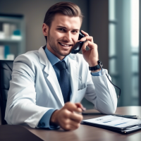 A young good-natured sales manager at a medical center sitting at a table of European appearance talking on the phone details of the hands of the face and in general the picture is realistic and accurate