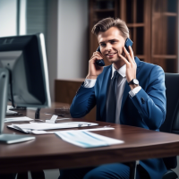 A young good-natured sales manager at a medical center sitting at a table of European appearance talking on the phone details of the hands of the face and in general the picture is realistic and accurate