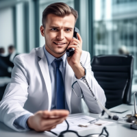 A young good-natured sales manager at a medical center sitting at a table of European appearance talking on the phone details of the hands of the face and in general the picture is realistic and accurate