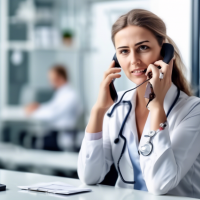 A young good-natured sales manager at a medical center sitting at a table of European appearance talking on the phone details of the hands of the face and in general the picture is realistic and accurate