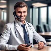 A young good-natured sales manager at a medical center sitting at a table of European appearance talking on a mobile phone the details of the hands of the face and in general the picture is realistic and accurate