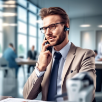 A young good-natured sales manager at a medical center sitting at a table of European appearance talking on a mobile phone the details of the hands of the face and in general the picture is realistic and accurate