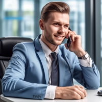 A young good-natured sales manager at a medical center sitting at a table of European appearance talking on a mobile phone the details of the hands of the face and in general the picture is realistic and accurate