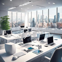 Description of the scene:**  - The main office with a modern and stylish interior filled with technology. An open space with large windows through which you can see the city landscape. - In the center of the frame there are several specialists at computers, working intently on projects. - In the foreground: a clean white table with a modern laptop and a digital tablet, next to it is a cup of coffee and several open notebooks. - A pair of high server racks in the corner of the room with flashing indicators, creating an atmosphere of high technological potential. - In the background is an interactive panel on the wall showing graphs and diagrams symbolizing the growth and development of the business. - A light, neutral color tone that creates a sense of professionalism and trust.  **Atmosphere and style:**  - Clean and minimalistic. - Modern and professional look. - Color palette: white, gray, and blue accents to create an atmosphere of trust and technology.  **Key elements:**  - People: men and women, dressed in business clothes