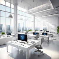 Description of the scene:**  - The main office with a modern and stylish interior filled with technology. An open space with large windows through which you can see the city landscape. - In the center of the frame there are several specialists at computers, working intently on projects. - In the foreground: a clean white table with a modern laptop and a digital tablet, next to it is a cup of coffee and several open notebooks. - A pair of high server racks in the corner of the room with flashing indicators, creating an atmosphere of high technological potential. - In the background is an interactive panel on the wall showing graphs and diagrams symbolizing the growth and development of the business. - A light, neutral color tone that creates a sense of professionalism and trust.  **Atmosphere and style:**  - Clean and minimalistic. - Modern and professional look. - Color palette: white, gray, and blue accents to create an atmosphere of trust and technology.  **Key elements:**  - People: men and women, dressed in business clothes