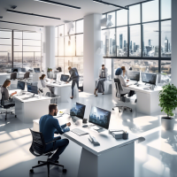 Description of the scene:**  - The main office with a modern and stylish interior filled with technology. An open space with large windows through which you can see the city landscape. - In the center of the frame there are several specialists at computers, working intently on projects. - In the foreground: a clean white table with a modern laptop and a digital tablet, next to it is a cup of coffee and several open notebooks. - People: men and women, dressed in business clothes A pair of high server racks in the corner of the room with flashing indicators, creating an atmosphere of high technological potential. - In the background is an interactive panel on the wall showing graphs and diagrams symbolizing the growth and development of the business. - A light, neutral color tone that creates a sense of professionalism and trust.  **Atmosphere and style:**  - Clean and minimalistic. - Modern and professional look. - Color palette: white, gray, and blue accents to create an atmosphere of trust and technology.  **Key elements:**  - People: men and women, dressed in business clothes