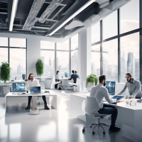 Description of the scene:**  - The main office with a modern and stylish interior filled with technology. An open space with large windows through which you can see the city landscape. - In the center of the frame there are several specialists at computers, working intently on projects. - In the foreground: a clean white table with a modern laptop and a digital tablet, next to it is a cup of coffee and several open notebooks. - People: men and women, dressed in business clothes A pair of high server racks in the corner of the room with flashing indicators, creating an atmosphere of high technological potential. - In the background is an interactive panel on the wall showing graphs and diagrams symbolizing the growth and development of the business. - A light, neutral color tone that creates a sense of professionalism and trust.  **Atmosphere and style:**  - Clean and minimalistic. - Modern and professional look. - Color palette: white, gray, and blue accents to create an atmosphere of trust and technology.  **Key elements:**  - People: men and women, dressed in business clothes