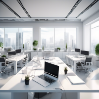 Description of the scene:**  - The main office with a modern and stylish interior filled with technology. An open space with large windows through which you can see the city landscape. - In the center of the frame there are several specialists at computers, working intently on projects. - In the foreground: a clean white table with a modern laptop and a digital tablet, next to it is a cup of coffee and several open notebooks. - People: men and women, dressed in business clothes A pair of high server racks in the corner of the room with flashing indicators, creating an atmosphere of high technological potential. - In the background is an interactive panel on the wall showing graphs and diagrams symbolizing the growth and development of the business. - A light, neutral color tone that creates a sense of professionalism and trust.  **Atmosphere and style:**  - Clean and minimalistic. - Modern and professional look. - Color palette: white, gray, and blue accents to create an atmosphere of trust and technology.  **Key elements:**  - People: men and women, dressed in business clothes