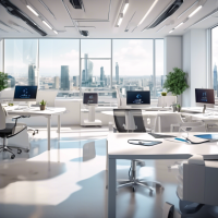 Description of the scene:**  - The main office with a modern and stylish interior filled with technology. An open space with large windows through which you can see the city landscape. - In the center of the frame there are several specialists at computers, working intently on projects. - In the foreground: a clean white table with a modern laptop and a digital tablet, next to it is a cup of coffee and several open notebooks. - People: men and women, dressed in business clothes A pair of high server racks in the corner of the room with flashing indicators, creating an atmosphere of high technological potential. - In the background is an interactive panel on the wall showing graphs and diagrams symbolizing the growth and development of the business. - A light, neutral color tone that creates a sense of professionalism and trust.  **Atmosphere and style:**  - Clean and minimalistic. - Modern and professional look. - Color palette: white, gray, and blue accents to create an atmosphere of trust and technology.  **Key elements:**  - People: men and women, dressed in business clothes