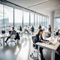  People: men and women, dressed in business clothes The main office with a modern and stylish interior filled with technology. An open space with large windows through which you can see the city landscape. - In the center of the frame there are several specialists at computers, working intently on projects. - In the foreground: a clean white table with a modern laptop and a digital tablet, next to it is a cup of coffee and several open notebooks. - People: men and women, dressed in business clothes A pair of high server racks in the corner of the room with flashing indicators, creating an atmosphere of high technological potential. - In the background is an interactive panel on the wall showing graphs and diagrams symbolizing the growth and development of the business. - A light, neutral color tone that creates a sense of professionalism and trust.  **Atmosphere and style:**  - Clean and minimalistic. - Modern and professional look. - Color palette: white, gray, and blue accents to create an atmosphere of trust and technology.  **Key elements:**  - People: men and women, dressed in business clothes