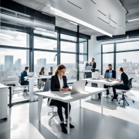  People: men and women, dressed in business clothes The main office with a modern and stylish interior filled with technology. An open space with large windows through which you can see the city landscape. - In the center of the frame there are several specialists at computers, working intently on projects. - In the foreground: a clean white table with a modern laptop and a digital tablet, next to it is a cup of coffee and several open notebooks. - People: men and women, dressed in business clothes A pair of high server racks in the corner of the room with flashing indicators, creating an atmosphere of high technological potential. - In the background is an interactive panel on the wall showing graphs and diagrams symbolizing the growth and development of the business. - A light, neutral color tone that creates a sense of professionalism and trust.  **Atmosphere and style:**  - Clean and minimalistic. - Modern and professional look. - Color palette: white, gray, and blue accents to create an atmosphere of trust and technology.  **Key elements:**  - People: men and women, dressed in business clothes