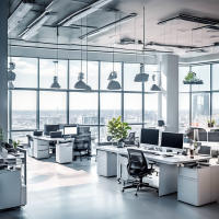 Create an image of a modern IT outsourcing office. A spacious, bright room with large Windows through which the city landscape is visible. There are several specialists at the center at computers, working intently. In the foreground is a white table with a laptop and a digital tablet, next to a cup of coffee and open notebooks. A pair of server racks with flashing indicators in the corner add technology. There is an interactive panel on the wall with graphs and diagrams symbolizing business growth. The atmosphere is professional and minimalistic, in neutral colors: white, gray and blue accents. People in business casual, immersed in work, create a sense of success and a modern approach.