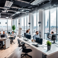 Picture a modern IT outsourcing office. The space is bright, with large windows and a view of the city. In the center of the frame are specialists at computers, focused on work. In the foreground is a table with a laptop, tablet, and a cup of coffee. In the corner there are server racks with flashing indicators. There is an interactive panel with business growth charts on the wall. The atmosphere is minimalistic and professional, the color palette is white, gray, blue accents. People in business casual create a sense of success and a modern approach.